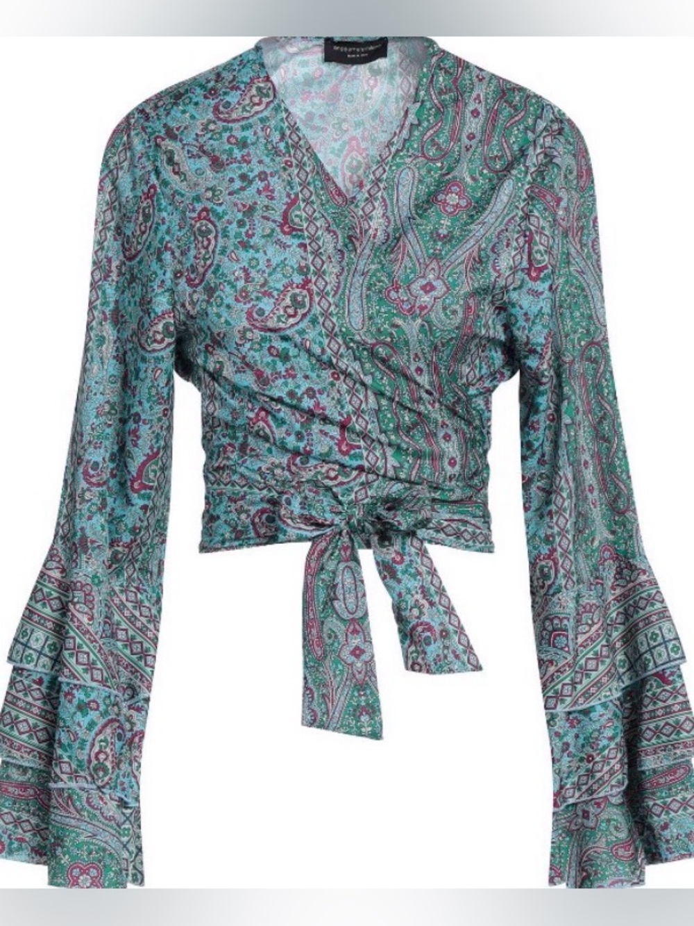 Teal Multi Print Bell Sleeve Wrap Top/Italian Made/ANGELA MELE MILANO  -One Size